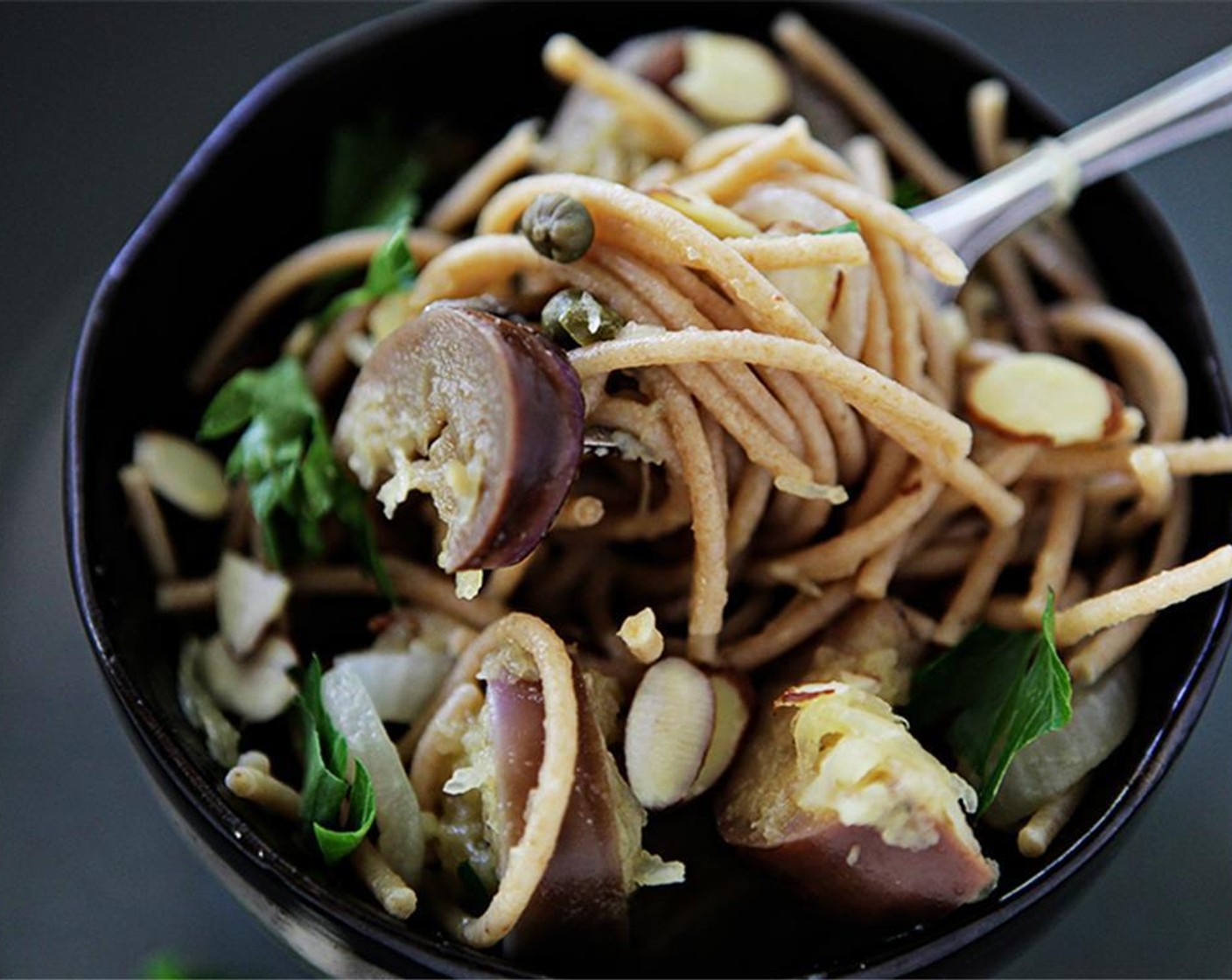 step 13 Serve in 2 large bowls with Almonds (1/4 cup) and Italian Flat-Leaf Parsley (1 Tbsp) on top. Enjoy!