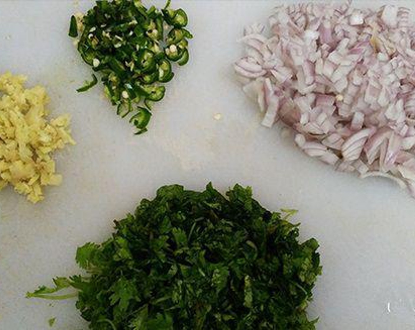 step 2 Chop Fresh Ginger (1), Onion (1), Green Chili Peppers (2), Curry Leaves (to taste), Fresh Cilantro (to taste), and Fresh Mint Leaves (to taste).