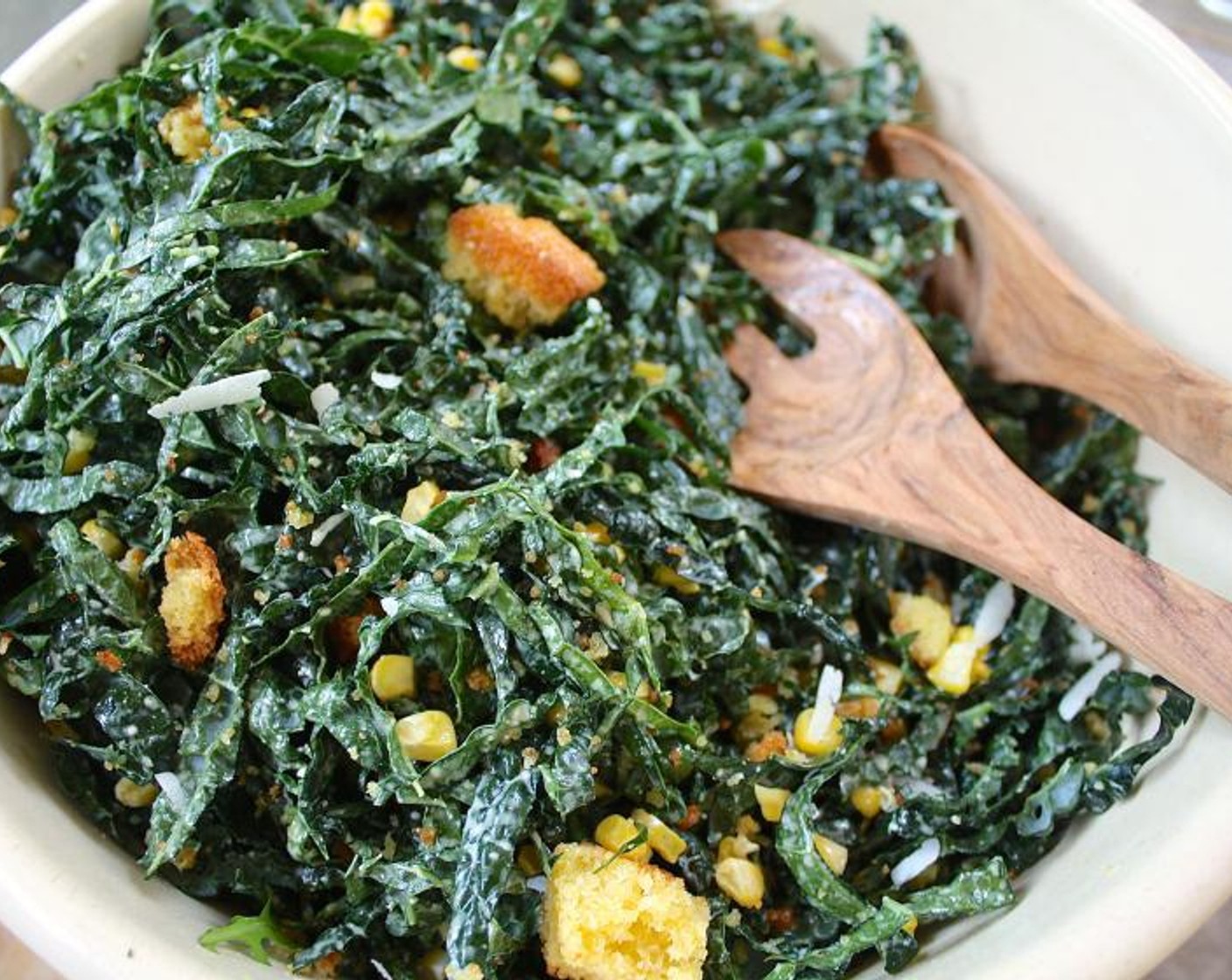 Kale Caesar with Roasted Corn and Cornbread Croutons