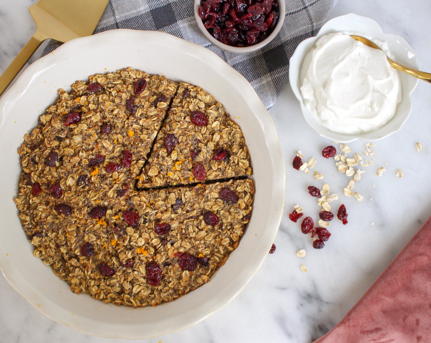 step 4 Let the baked oatmeal cool completely before cutting into individual servings. Serve with a dollop of Plain Greek Yogurt (to taste) on top.