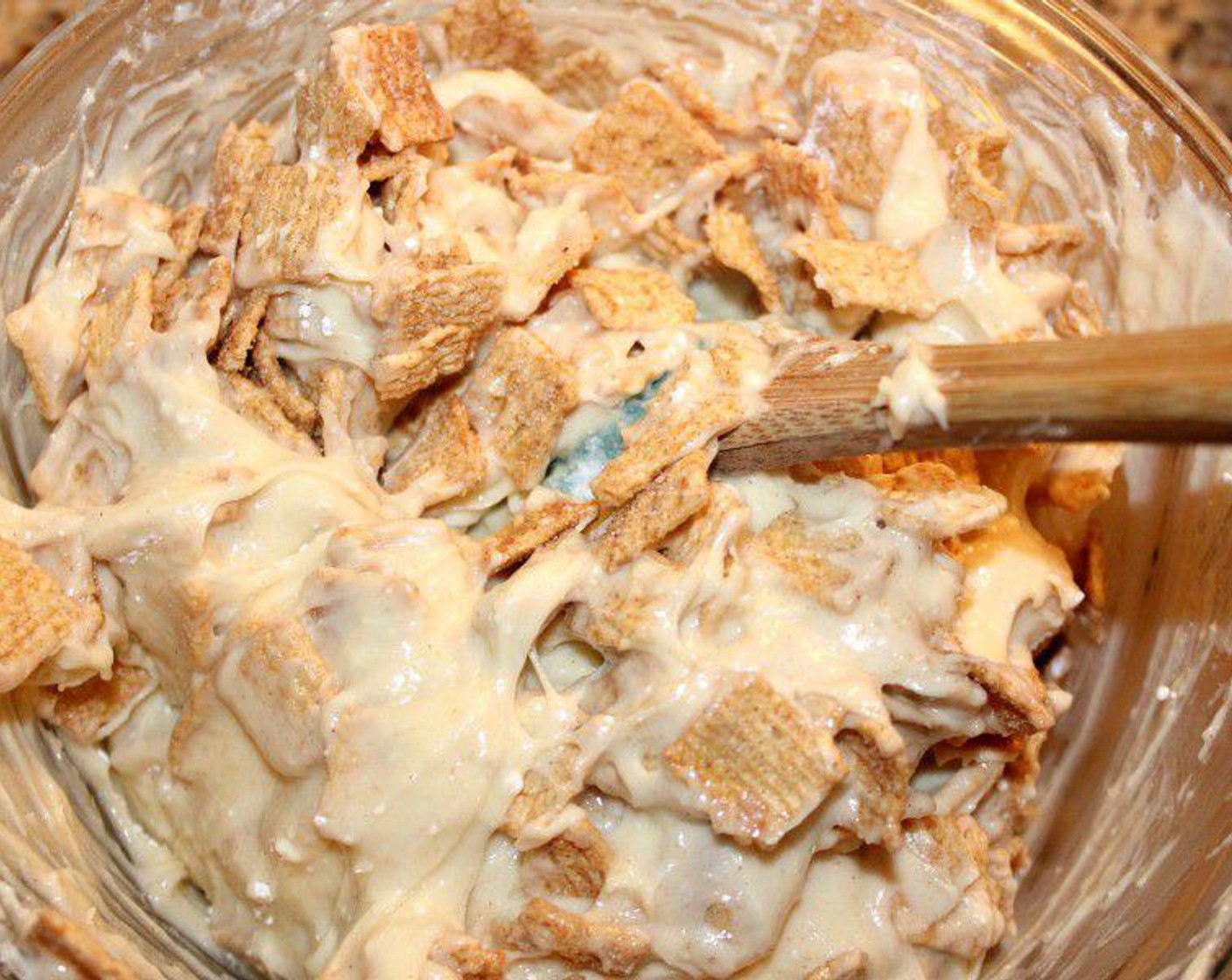 step 2 Now, stir in All-Purpose Flour (1 cup) to the wet batter, mix well to combine! Then, Fold in the Cinnamon Toast Crunch™ Cereal (3 cups) until it’s incorporated and chunky.