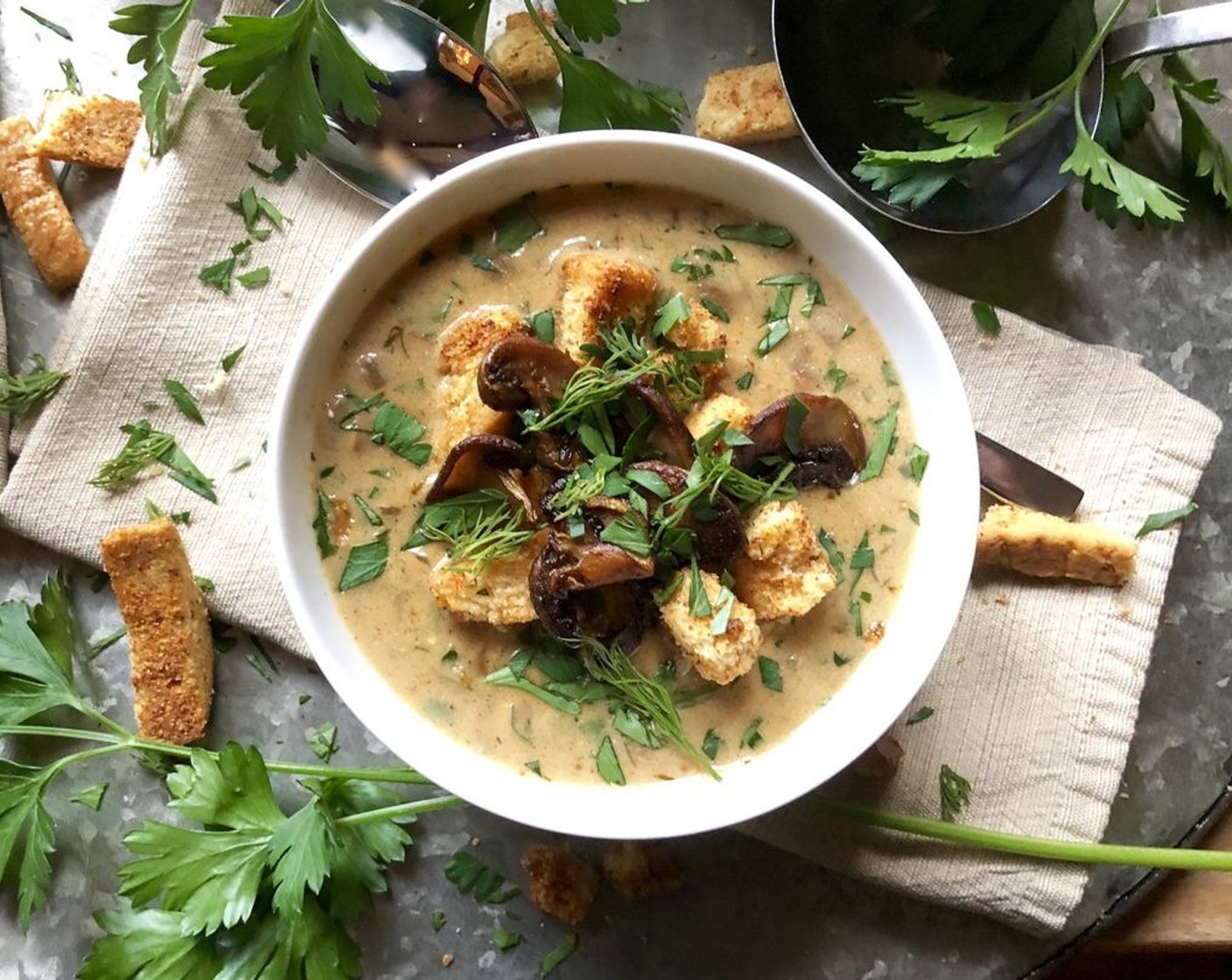 step 7 Serve immediately topped with Croutons (to taste), sautéed mushrooms, and fresh chopped parsley.