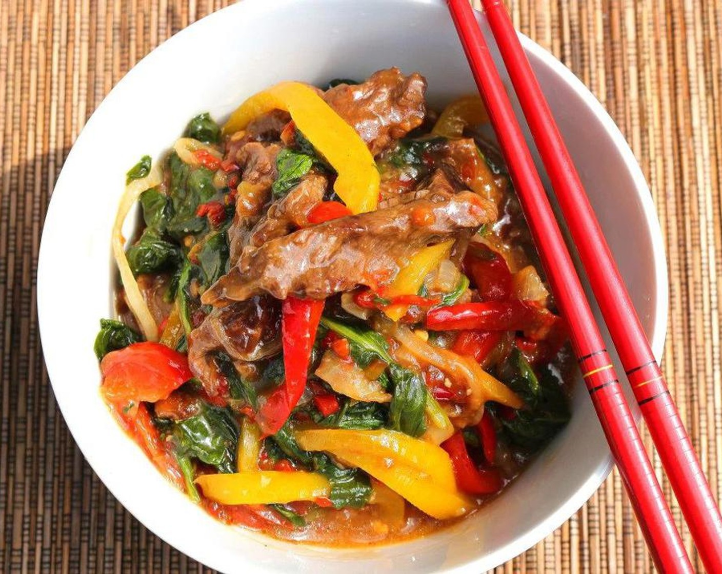 Stir Fried Beef and Spinach in Cherry Peppers Sauce