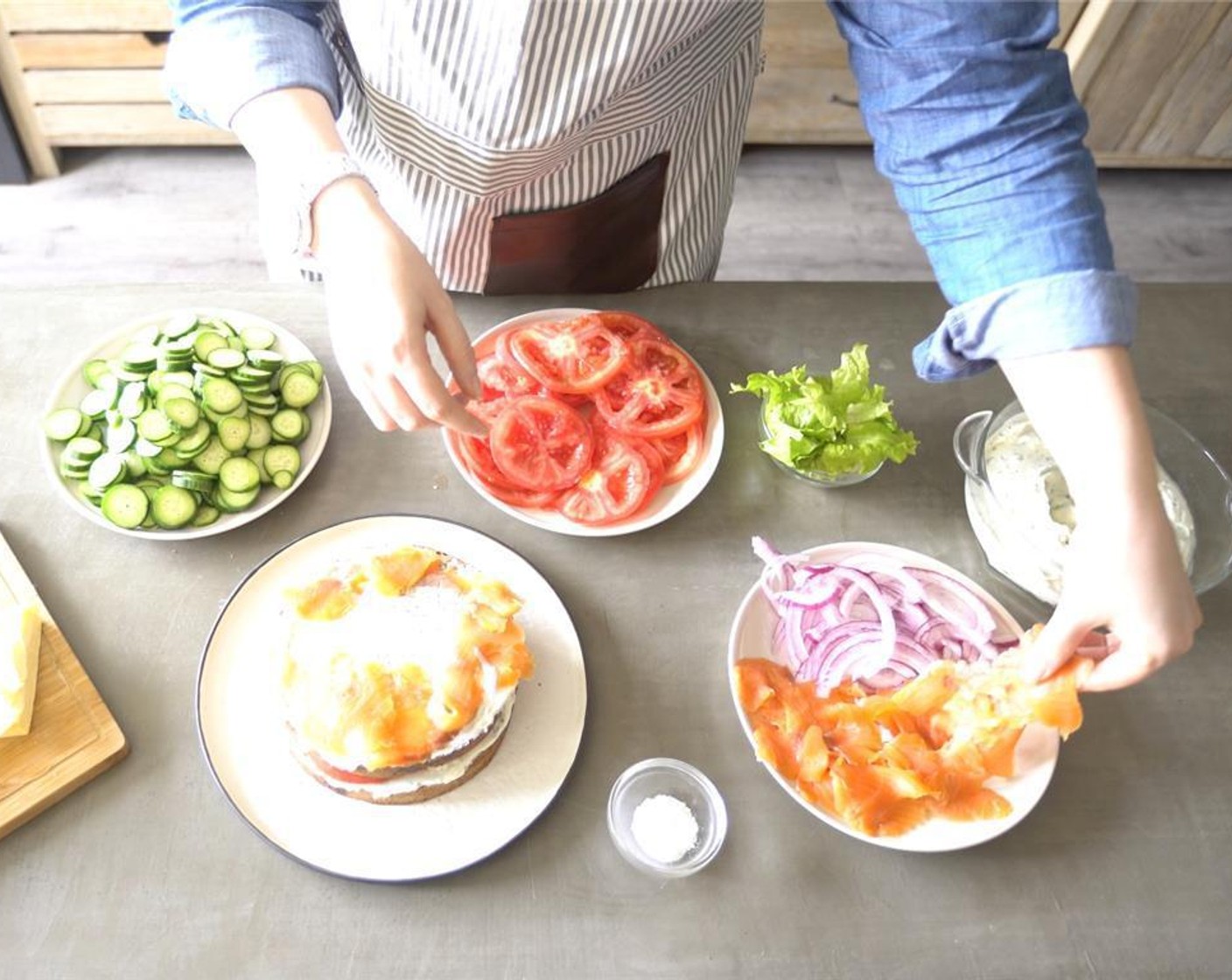 step 6 Spread with more butter, feta and herb spread and the thinly sliced Smoked Salmon (8 oz).