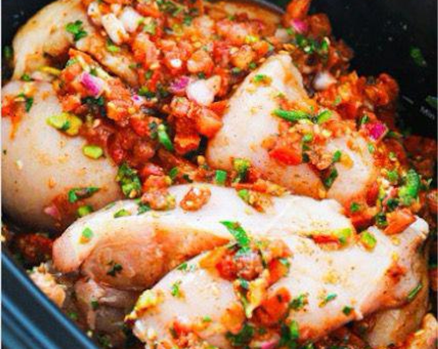 step 1 In a slow cooker, mix together the Medium Salsa (2 2/3 cups), Lime (1), Fresh Cilantro (1/4 cup), McCormick® Taco Seasoning Mix (1/4 cup) and Jalapeño Peppers (2). Add the Boneless, Skinless Chicken Breasts (6) and coat with the salsa mixture.