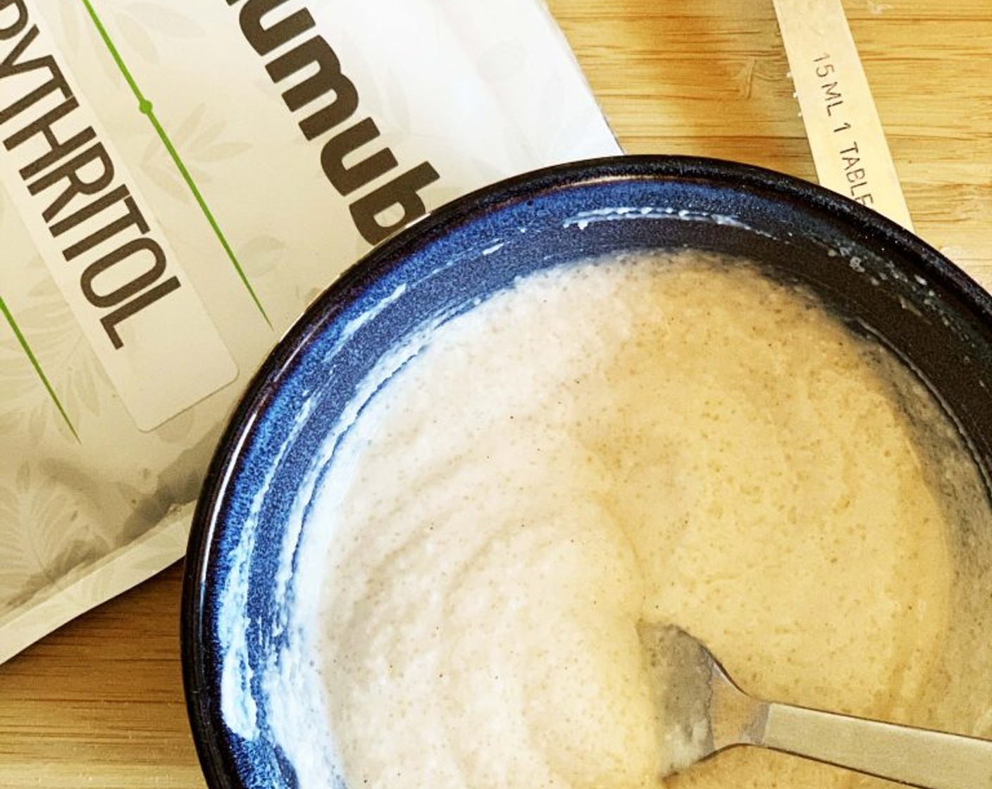 step 1 In a bowl whisk together the Light Ricotta Cheese (3 Tbsp), Egg Whites (4 Tbsp), Granulated Erythritol (1 Tbsp), Coconut Flour (1 1/2 Tbsp), Baking Powder (1/2 tsp), Salt (1 pinch), and Simply Organic Cinnamon, Ground (1 dash).