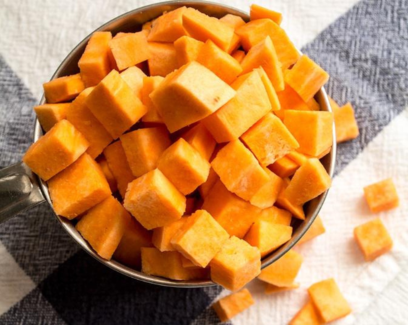 step 1 Peel Sweet Potato (1 cup) and dice into small pieces. Place in pot with just enough water to cover, and bring to a boil and cook 8-10 minutes or until soft.