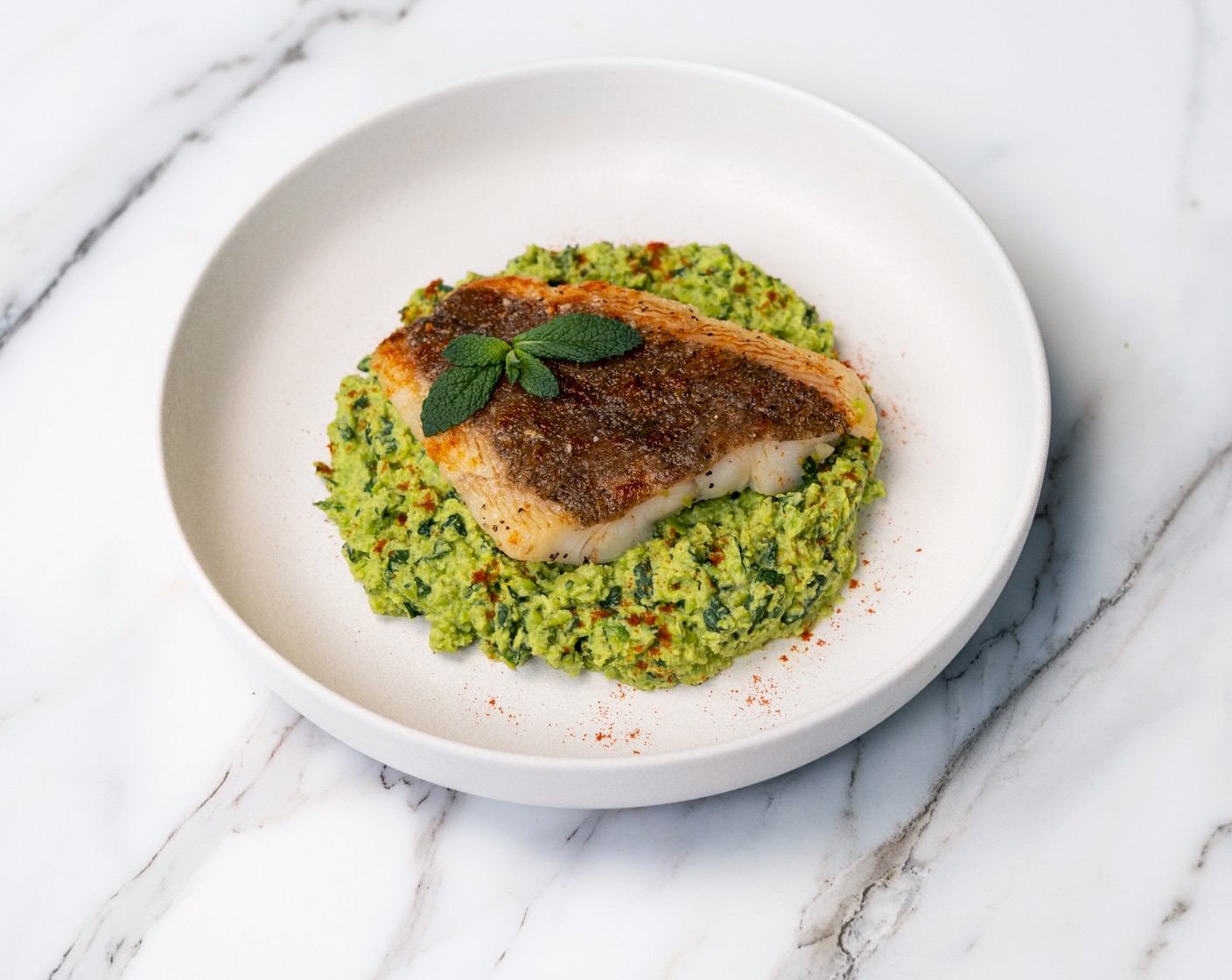 Pan Seared Halibut with Pea Purée
