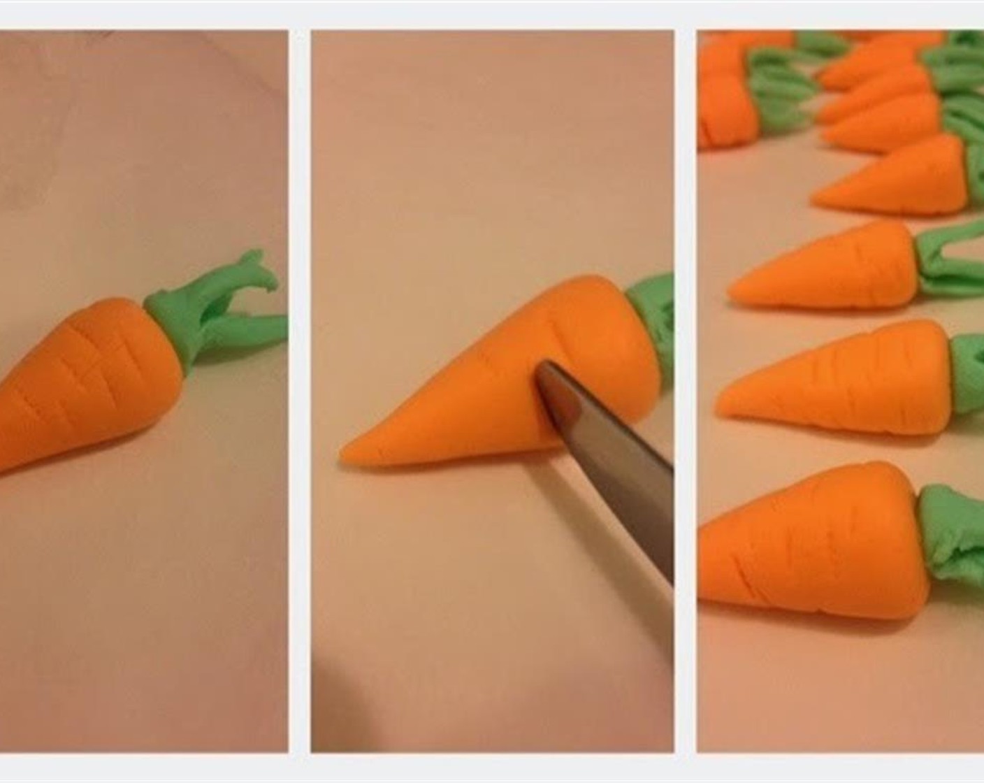 step 6 Use fondant glue or in my case I just use some Water (to taste) to glue the leave onto the carrot. Use knife lightly press on the carrot to create the wrinkle. Leave it dry for 1 to ­2 days.