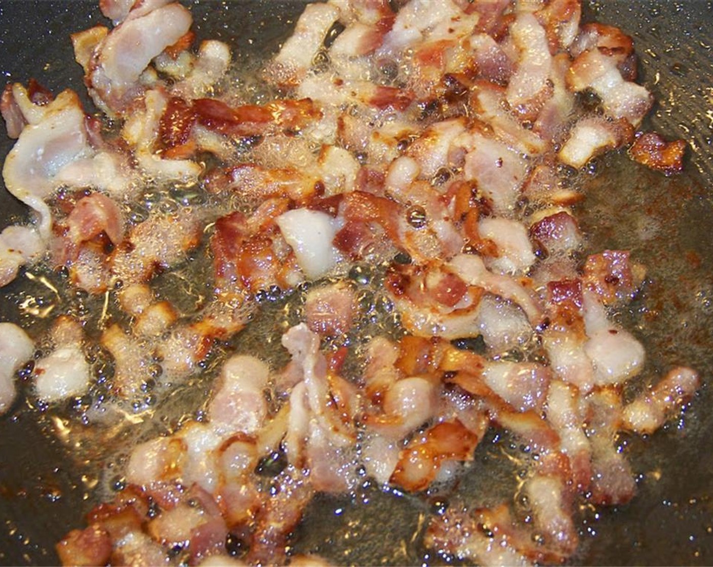 step 1 Chop the Bacon (10 slices) into pieces. In a medium skillet, fry it on medium heat until crispy.