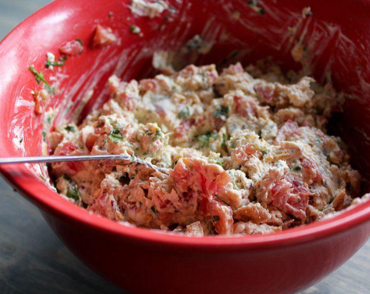 step 1 In a bowl, combine Cream Cheese (2 cups), Cooked Bacon (8 slices), Tomato (1), Fresh Spinach (1 handful), Sharp Cheddar Cheese (1/2 cup), Hot Sauce (1 tsp), Ground Black Pepper (1/2 tsp), McCormick® Garlic Powder (1/4 tsp). Use a rubber spatula or spoon to evenly distribute all ingredients.