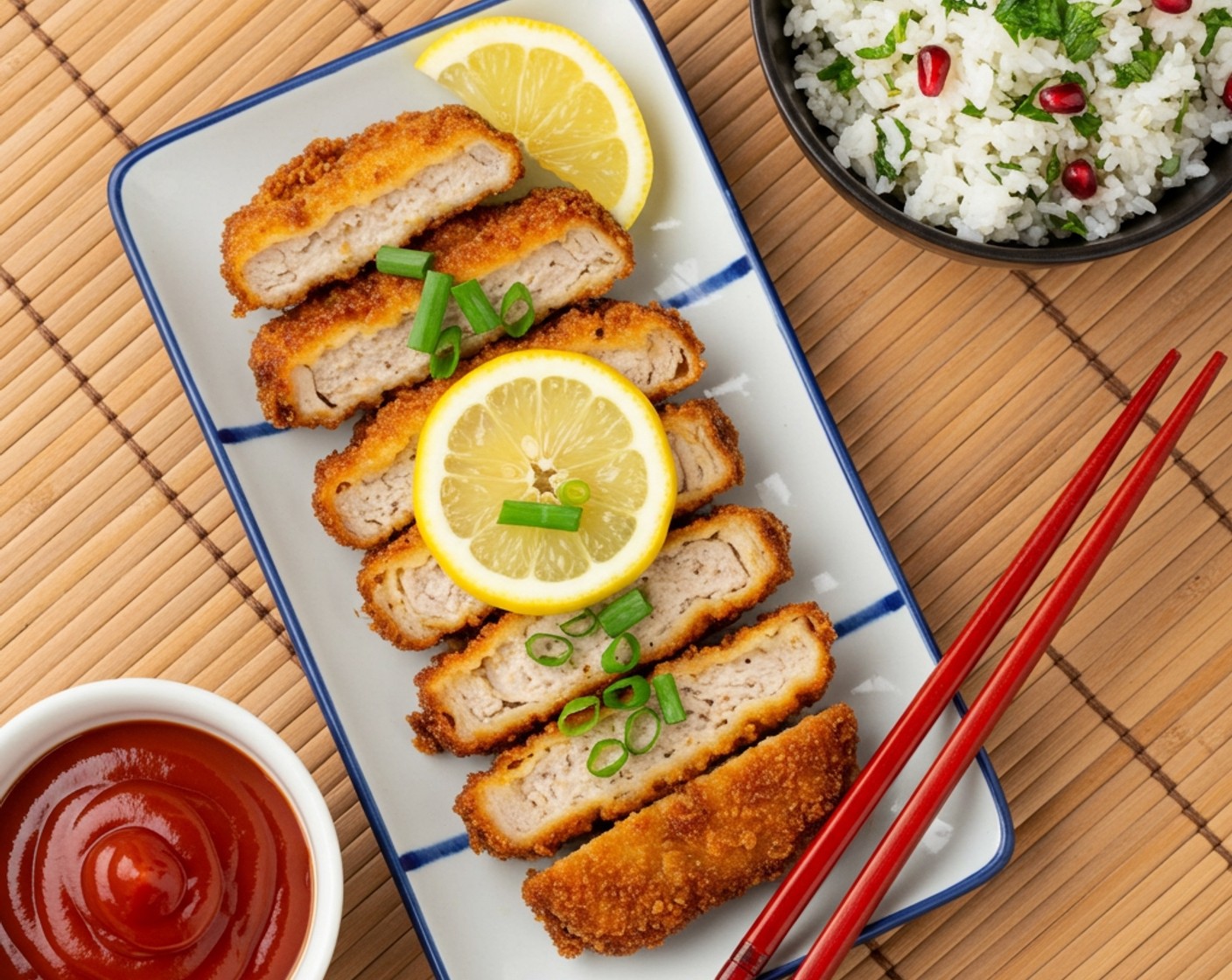 step 7 Serve tonkatsu with Lemons (6 slices) and Scallions (to taste). Serve the rice on the side. Enjoy!