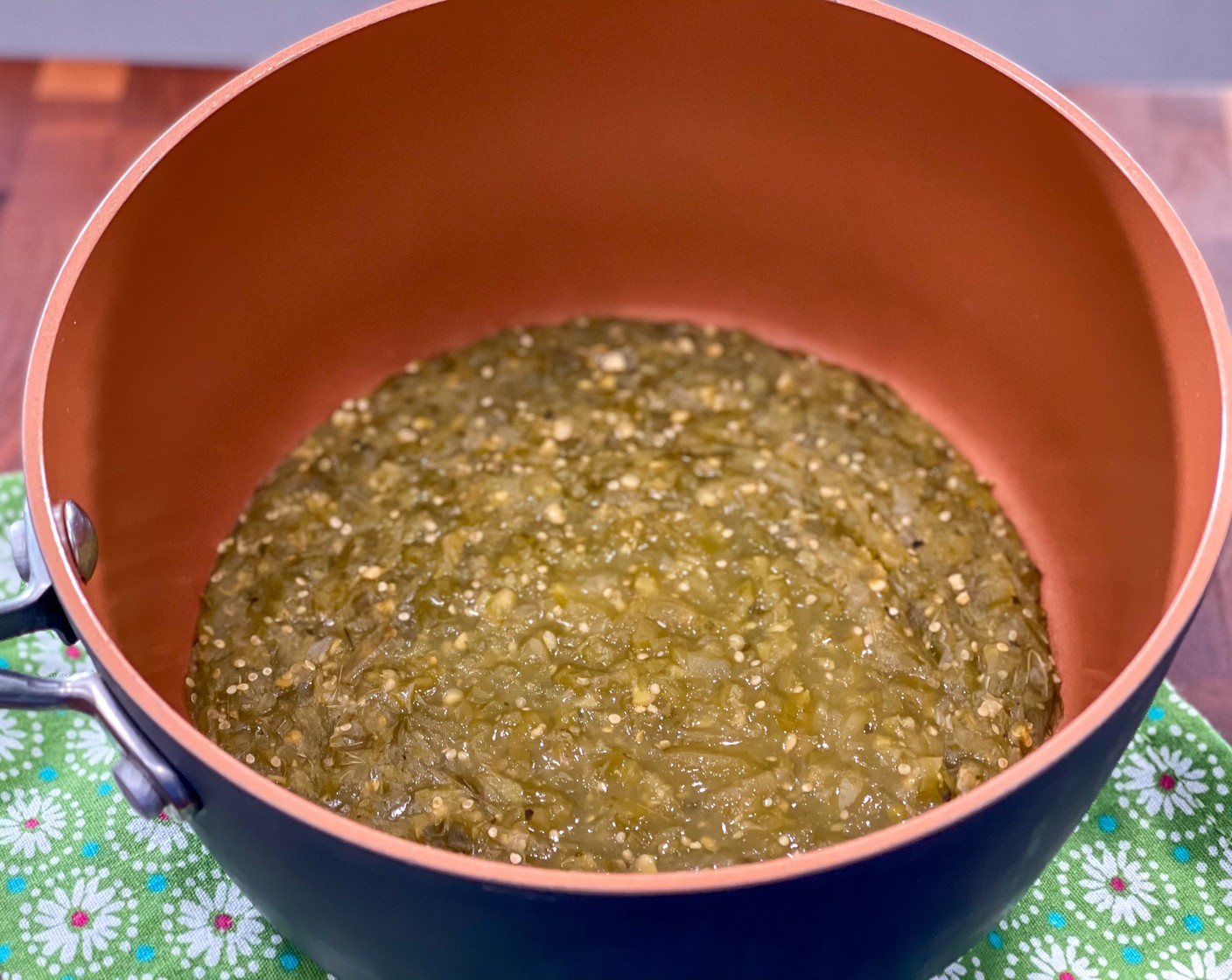 step 1 Add Salsa Verde (2 cups) and Salt (1 tsp) to a 2.5-quart saucepan over medium heat and cook until it begins to simmer.