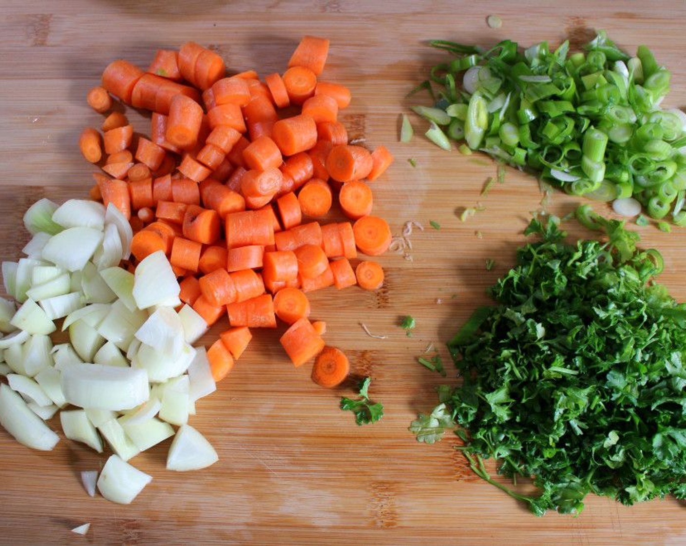 step 3 Cut Onions (2 cups), Carrots (2 cups), Scallion (1/2 cup), and Italian Flat-Leaf Parsley (1 cup).