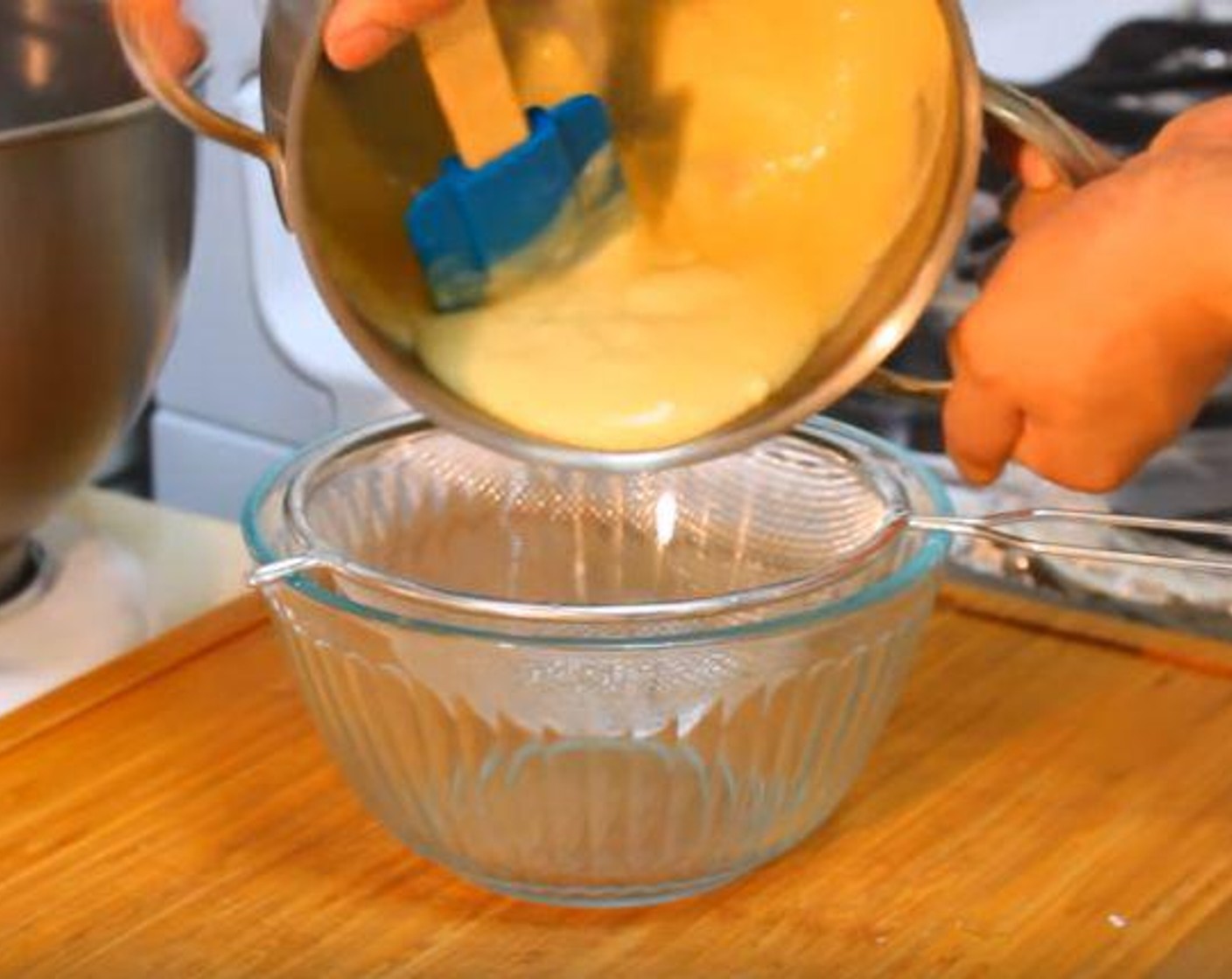 step 5 To make the custard, add the Granulated Sugar (4 Tbsp) to the saucepan. Follow it with Whole Milk (1 cup), Egg Yolks, Corn Starch (1 Tbsp) and Vanilla Extract (1 tsp). Whisk together the ingredients until well combined. Over medium heat, stir the custard constantly for 3-8 minutes or until thick. Strain the thickened custard into a bowl to prevent any lumps. Chill covered with plastic wrap in the fridge.