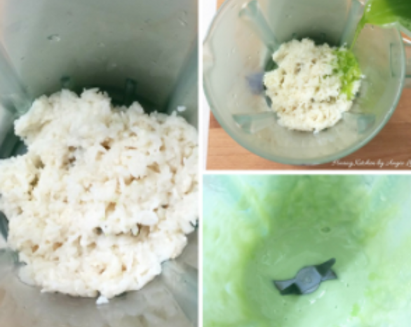 step 5 When ready, blend fermented rice with about 1 cup (250ml) of the pandan juice. Then pour in the balance 350ml and mix well with blended rice.