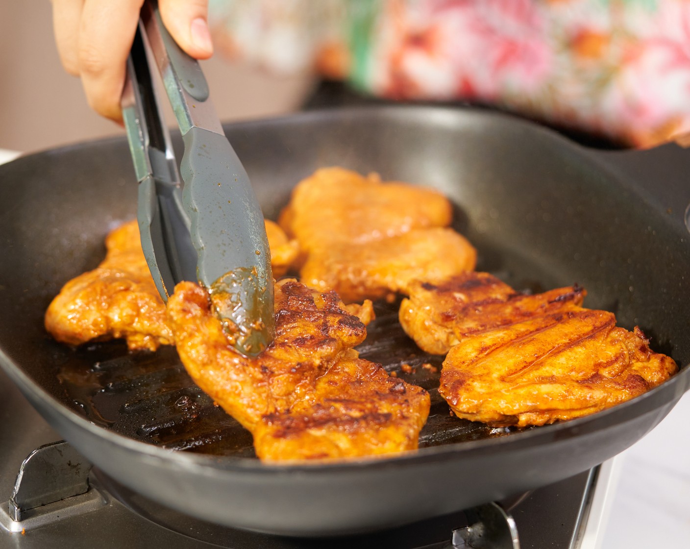 step 5 In a grill pan over medium-high heat, add Vegetable Oil (2 tsp). Once hot, cook the chicken for around 5 minutes on each side.
