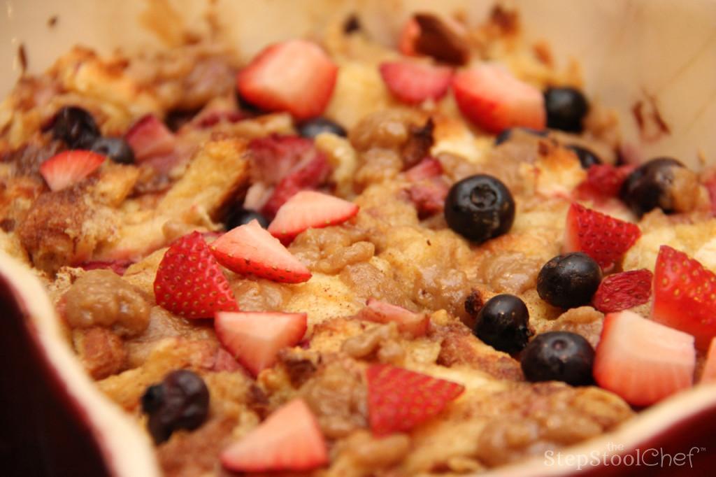 Step 8 of Berrylicious French Toast Casserole Recipe: Remove casserole from fridge and place in a preheated oven. Bake for 30 to 40 minutes. For a softer, more moist texture bake closer to 30 minutes. Bake closer to 40 minutes for a firmer texture.