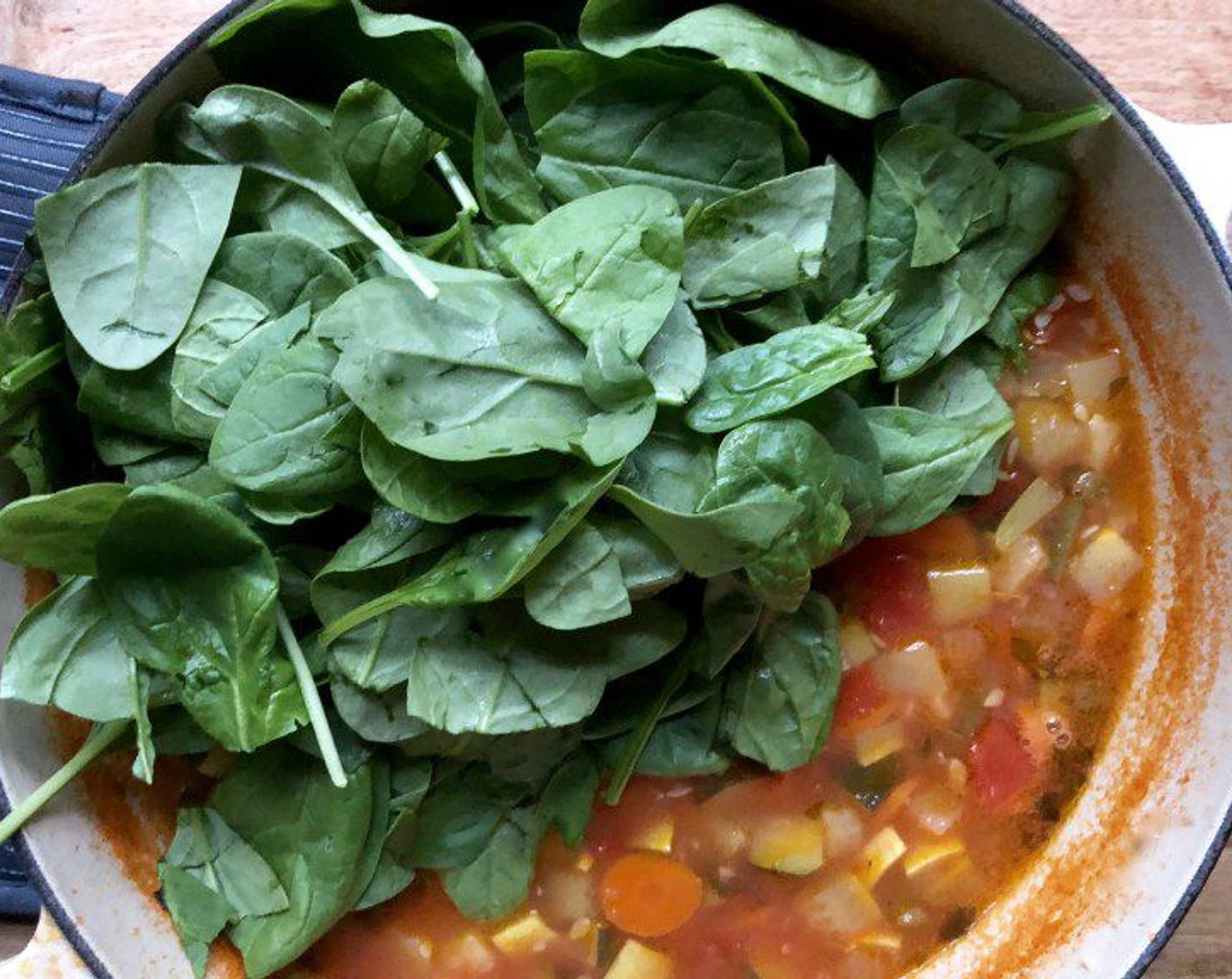 step 7 Add Ditalini Pasta (1/2 cup) and Great Northern Beans (1 can) to the pot. Cook for 10 minutes or until pasta is tender, stirring occasionally. Remove from heat. Stir in the Fresh Baby Spinach (4 3/4 cups).