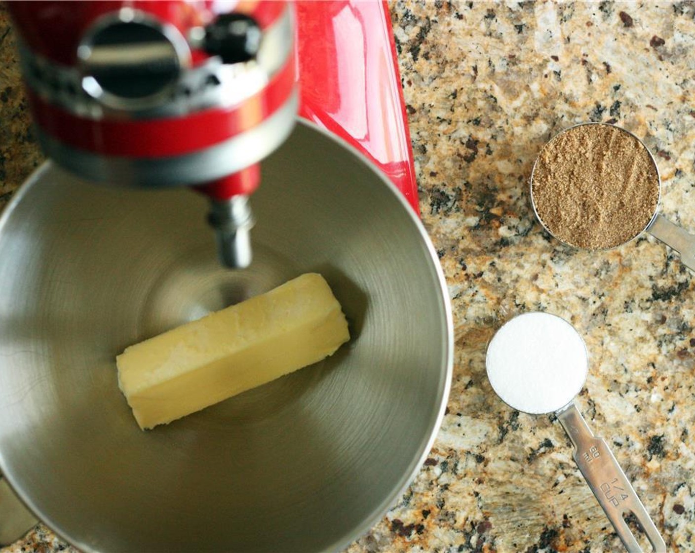 step 2 Combine Dark Brown Sugar (1/2 cup), Granulated Sugar (1/4 cup), and Unsalted Butter (1/2 cup) in the bowl of a standing mixer or other medium mixing bowl.