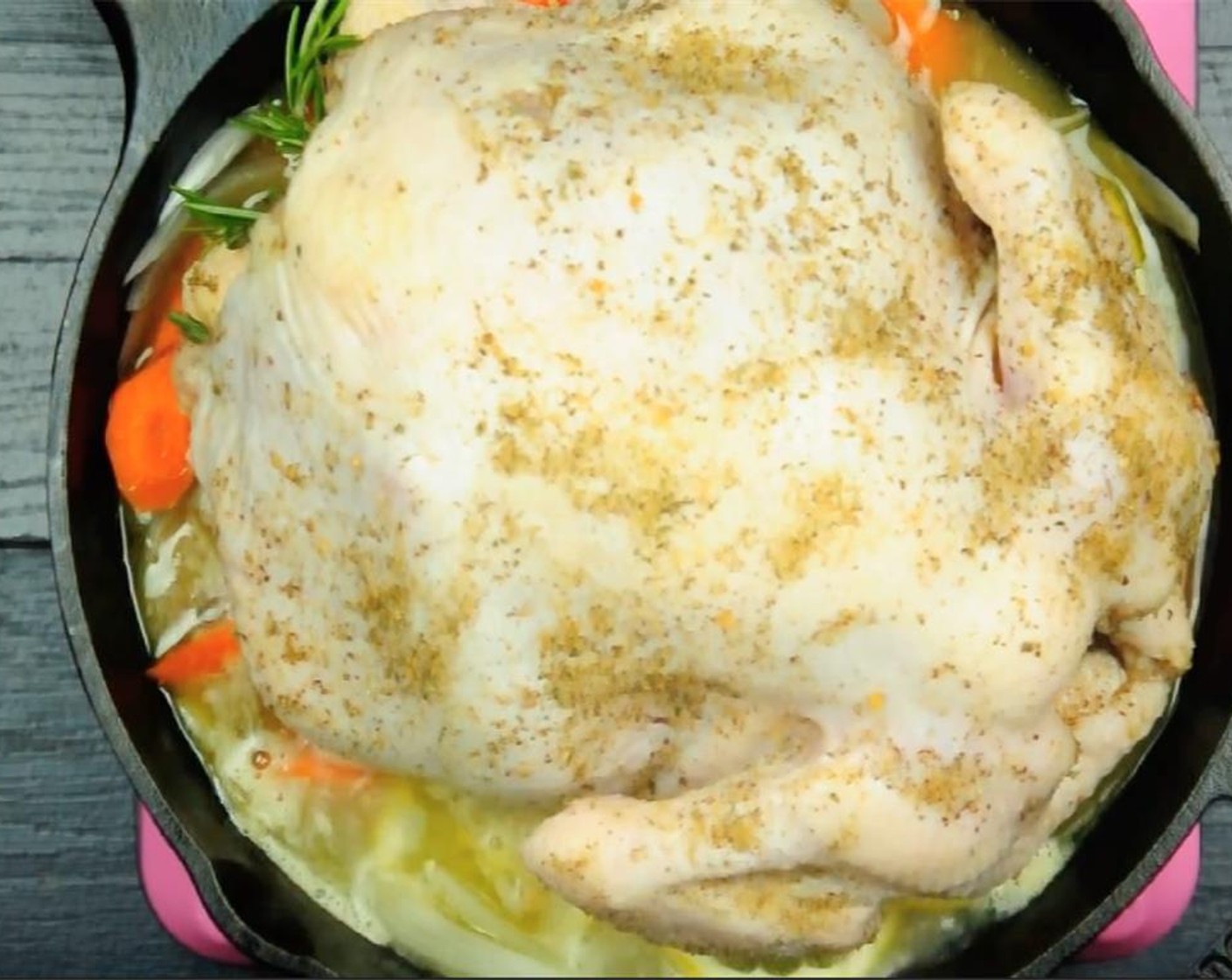 step 6 Bake for 1.5 hours to 2 hours until chicken is completely cooked through and the temperature near the bones reaches 165 degrees F (75 degrees C). Baste the chicken with broth and juices a couple times during the roasting process.