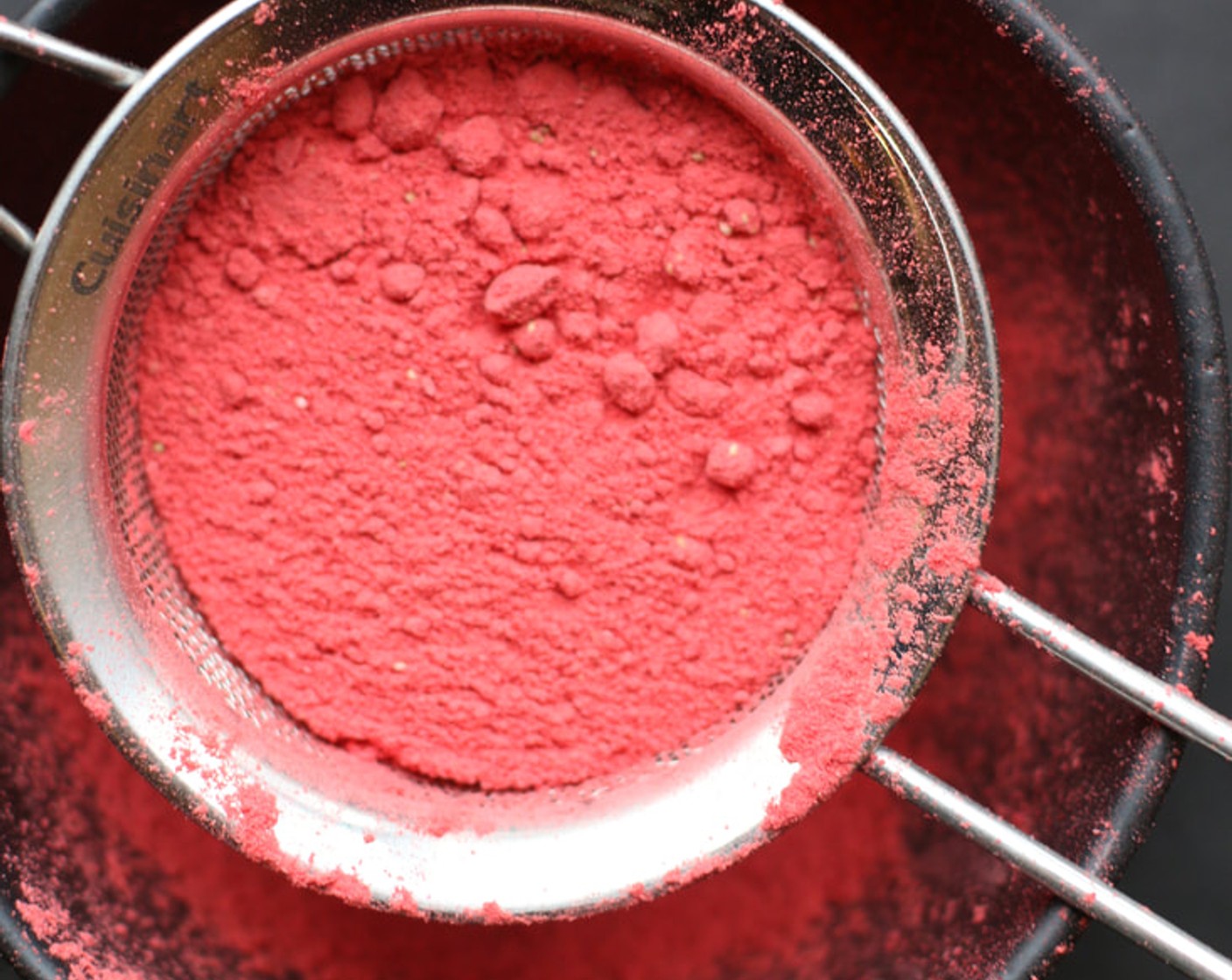 step 7 Place Freeze Dried Strawberries (3 Tbsp) in a small food processor or coffee grinder and process to a powder. Sift the powder thru a fine mesh strainer to remove the seeds. Discard seeds and set powder aside – you will have about 4 Tbsp of strawberry powder.