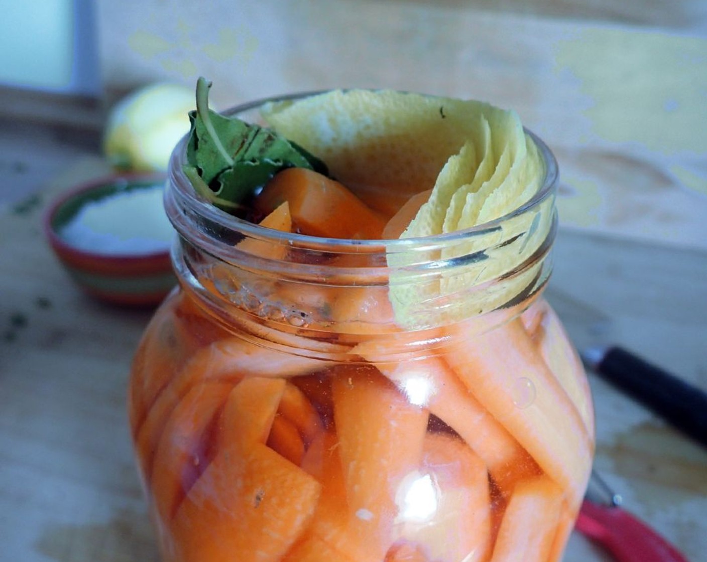 step 3 Fill up the jar with carrots, zest of the Lemon (1/2), sage leaves and Filtered Water (to taste). If you are not using a bubbler, airlock, leave a few centimeters from the top clear to avoid the jar leaking while it ferments. However, make sure all carrots are covered with water.