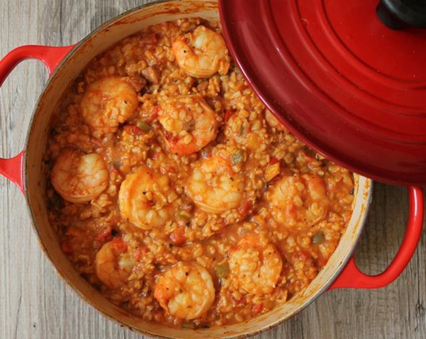 Brown Rice Jambalaya with Shrimp, Chicken Sausage and Bell Peppers