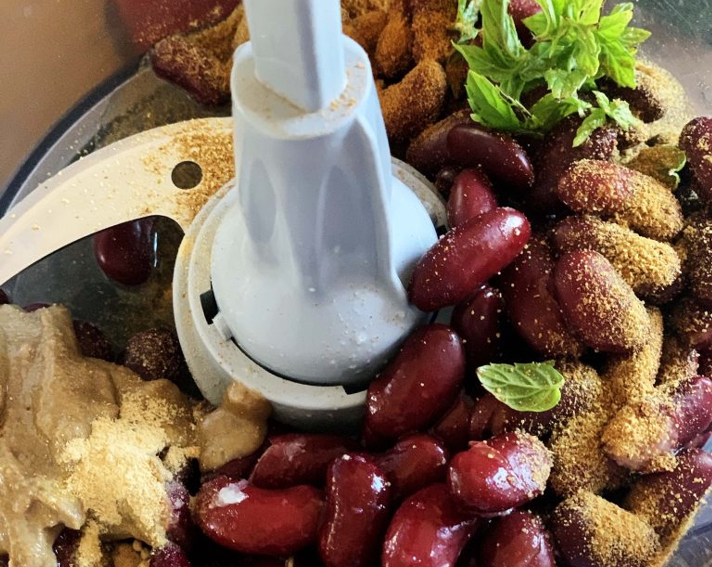 step 1 In a blender place the Red Kidney Beans (1 can), Fresh Mint Leaves (to taste), Salt (1/2 tsp), Ground Cumin (1/2 tsp), Ground Chili Pepper (1/4 tsp), Tahini (2 Tbsp), Lemon Juice (1/2), and Ground Ginger (1/4 tsp).