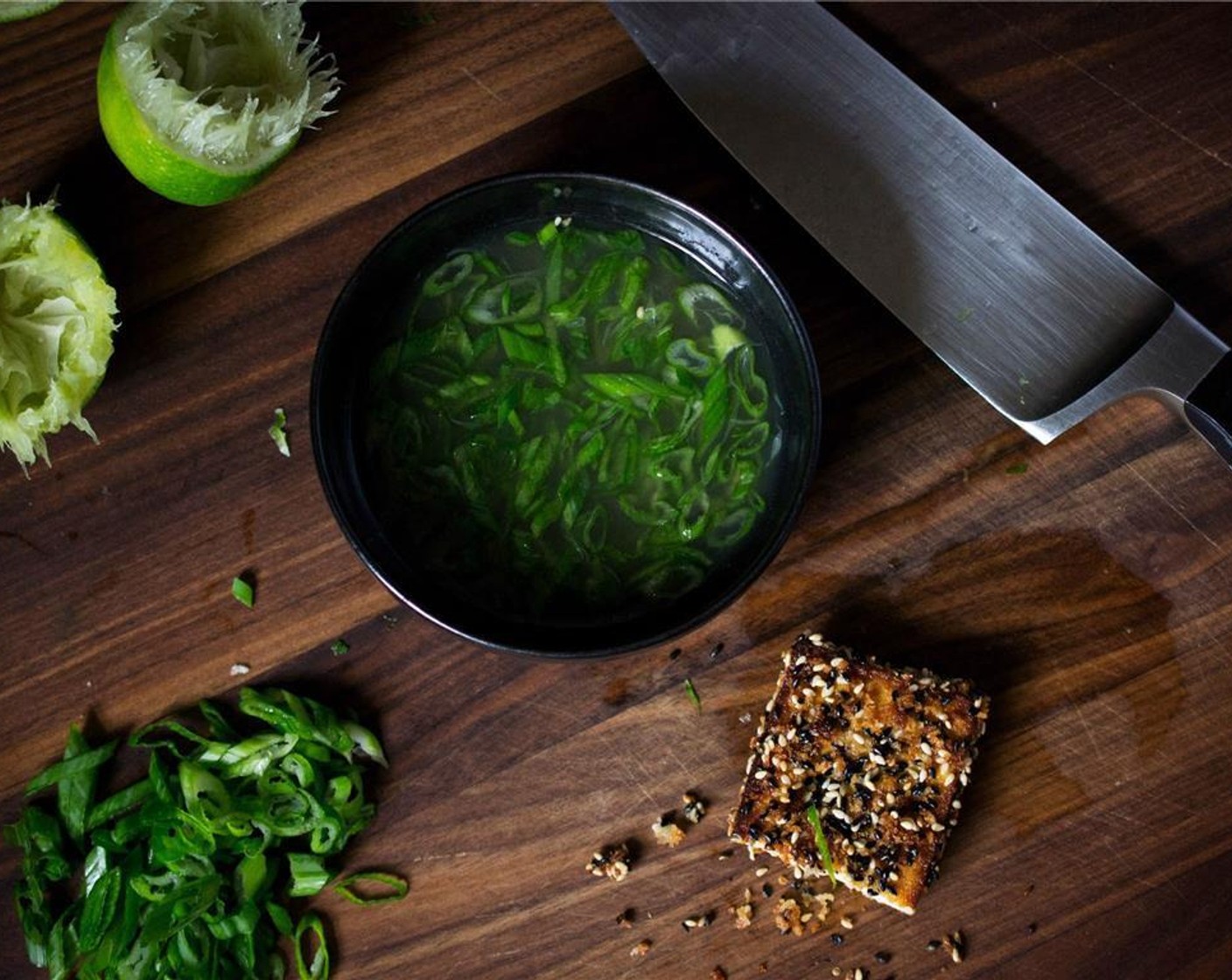 step 12 As the tofu is cooling, make the dipping sauce by combining juice from Limes (2), Fish Sauce (2 Tbsp), Mirin (1/2 Tbsp) and Scallions (2 Tbsp) in a small bowl.