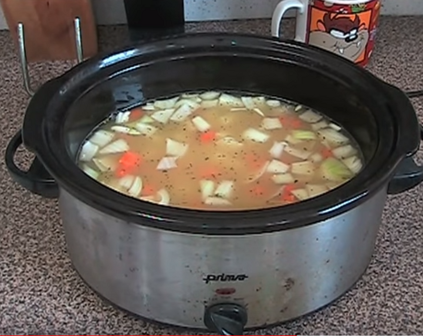 step 2 Next add Chicken Stock (8 1/3 cups) and Chicken Breasts (to taste) if desired. Stir the mixture and cook for 5 - 6 hours on low or 2 - 3 hours on high.