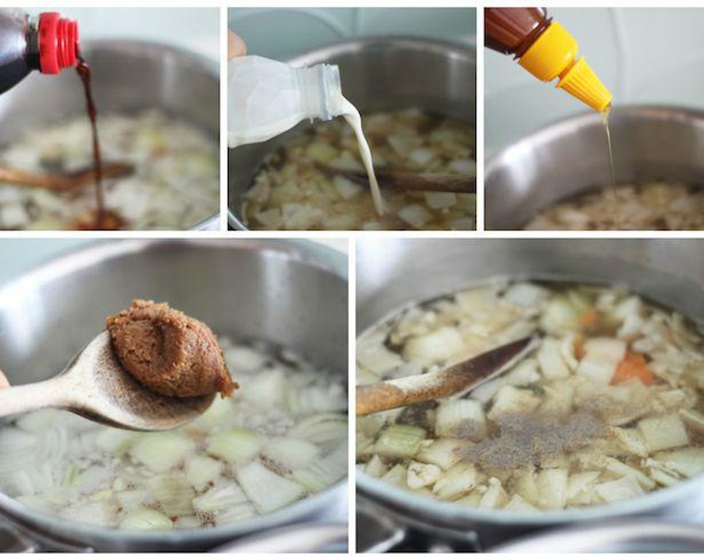 step 4 Get ready with your secret vegan ramen ingredients! Prepare Honey (1 Tbsp), Mirin (1 Tbsp), Light Soy Sauce (2 Tbsp), Soy Milk (1/2 cup), Salt (2 tsp), Ground Black Pepper (1 1/2 Tbsp), and Miso Paste (2 Tbsp)!