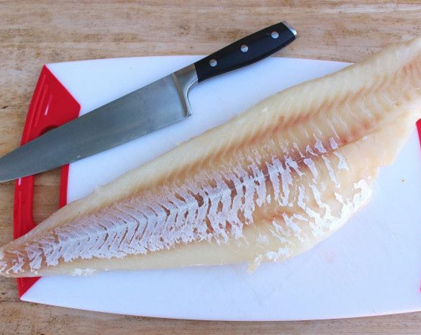 step 1 Cut Cod Fillets (2 lb) into 3 pieces: belly flap, tail part, and front part.