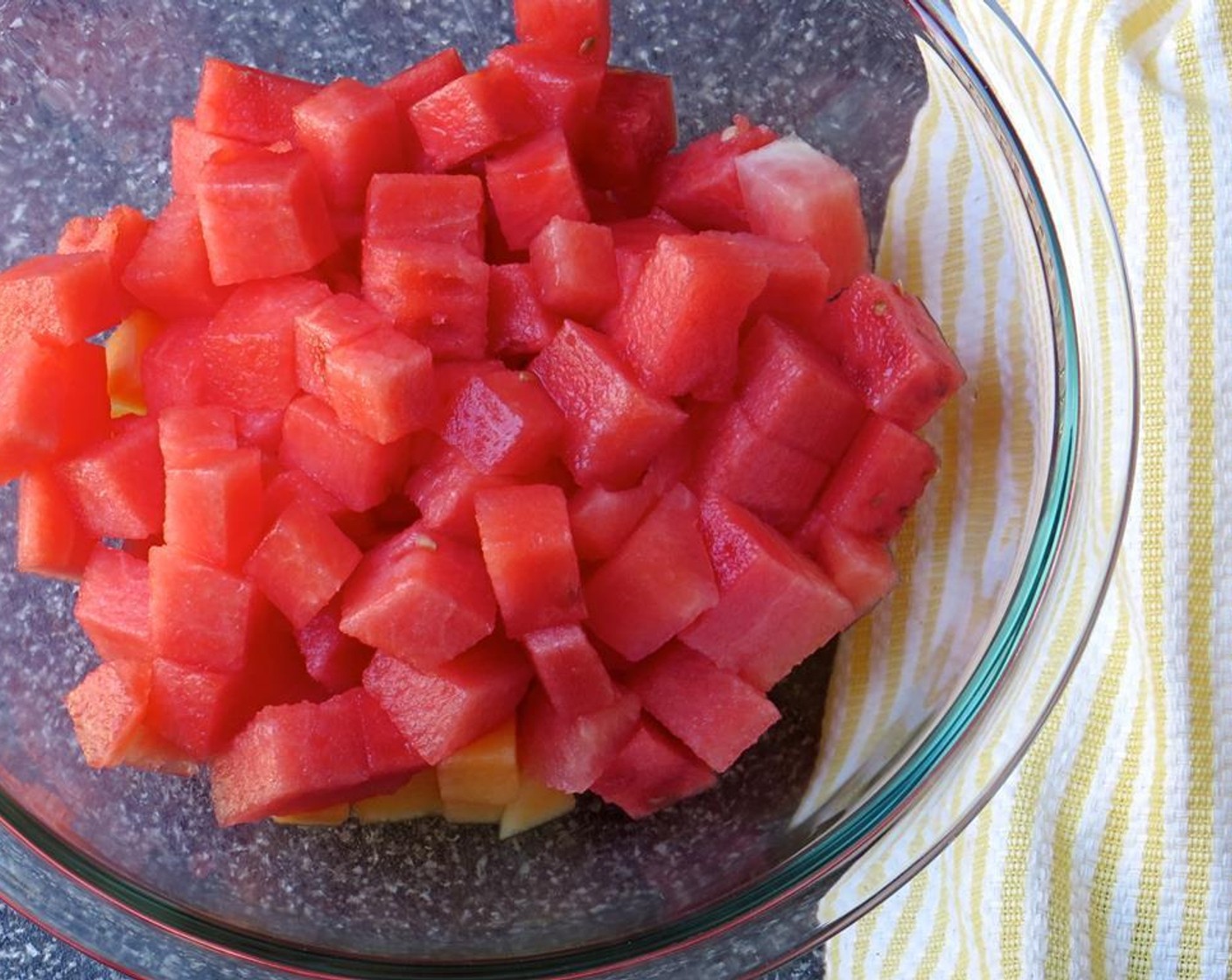 step 2 Cut the Watermelons (1 1/2 cups) into a half-inch dice, and add to the bowl.