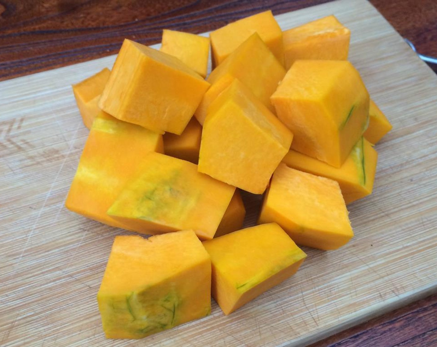 step 2 Peel and cut the Butternut Squash (5 3/4 cups) into 1 inch segments.  Wash and remove external leaves of Brussels Sprouts (5), then halve them.