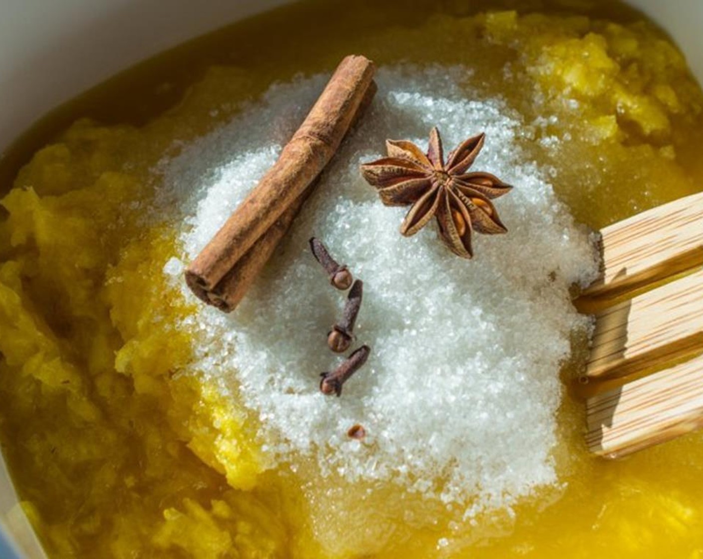 step 1 Combine Pineapples (4 cups), Granulated Sugar (2 1/2 cups), Cinnamon Stick (1), Star Anise (1), Whole Cloves (3) and juice from Lemon (1) in a large saucepan and simmer over medium-low heat for 30 minutes, stirring constantly.