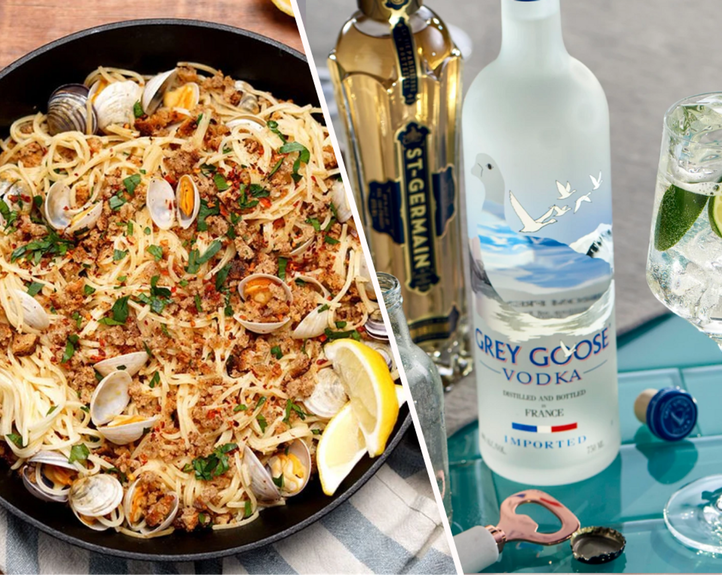 Clam Aglio e Olio with Garlic Bread Crumbs and Le Grand Fizz Cocktail