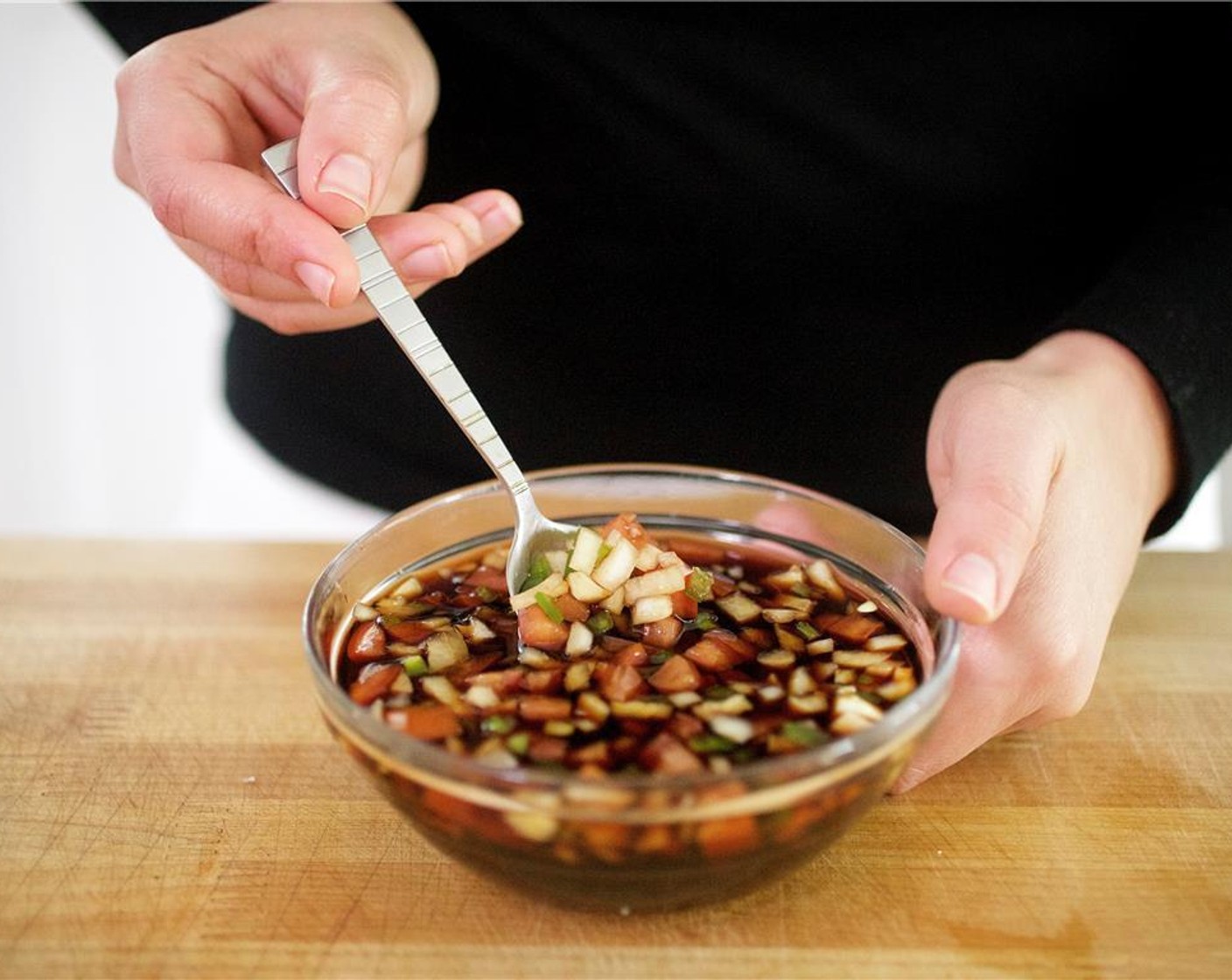 step 2 Juice half of the Lemon (1) into a small bowl and discard seeds. Add juice to bowl with tomato mixture. Add Rice Vinegar (1/4 cup), Tamari Soy Sauce (1/4 cup), and an additional 2 teaspoons of soy sauce, and a quarter cup of water.