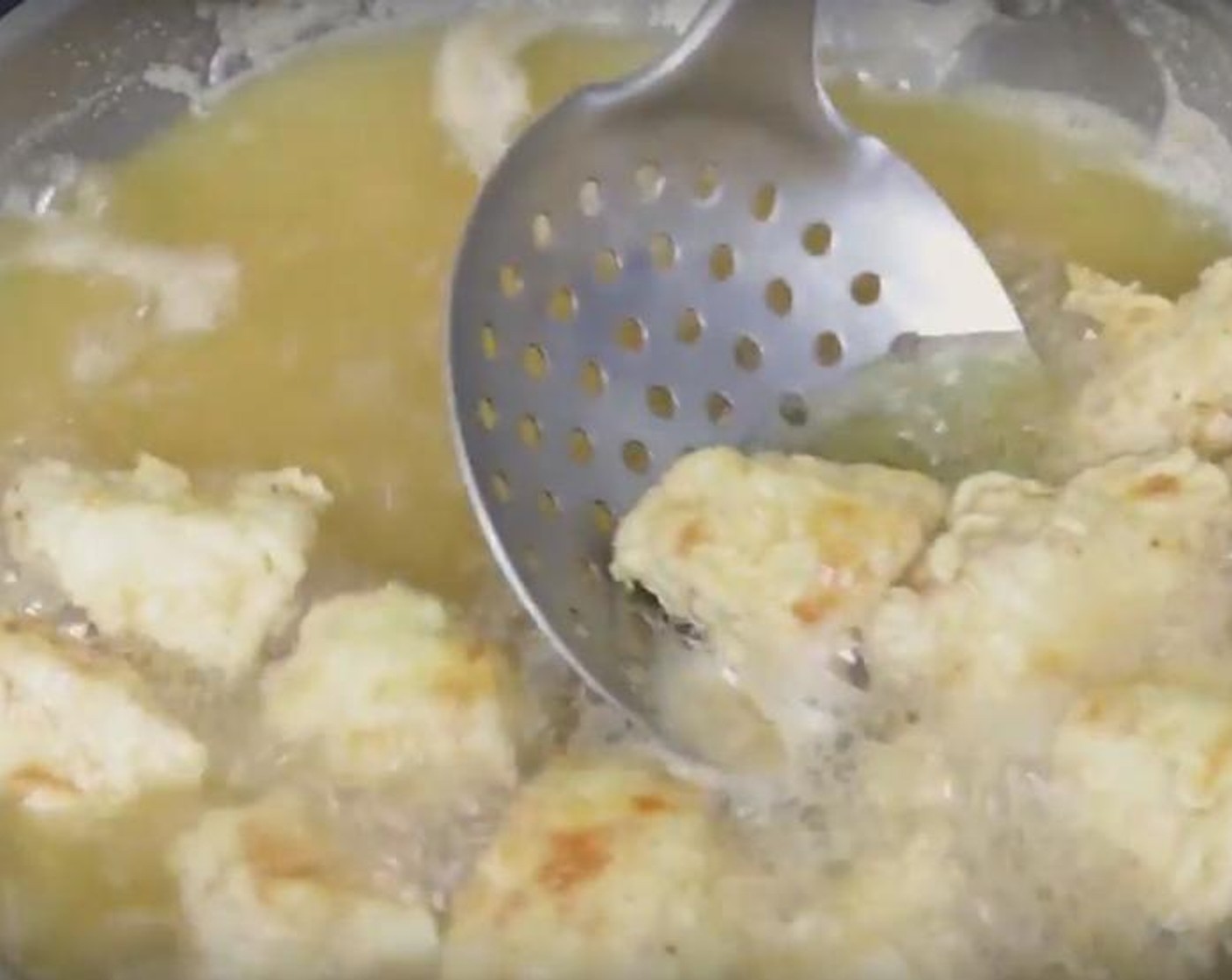 step 3 In a large, deep skillet over medium-high heat Oil (as needed). Once the oil is shimmering, fry the chicken in batches until golden and crispy, four to five minutes. Drain on paper towels.