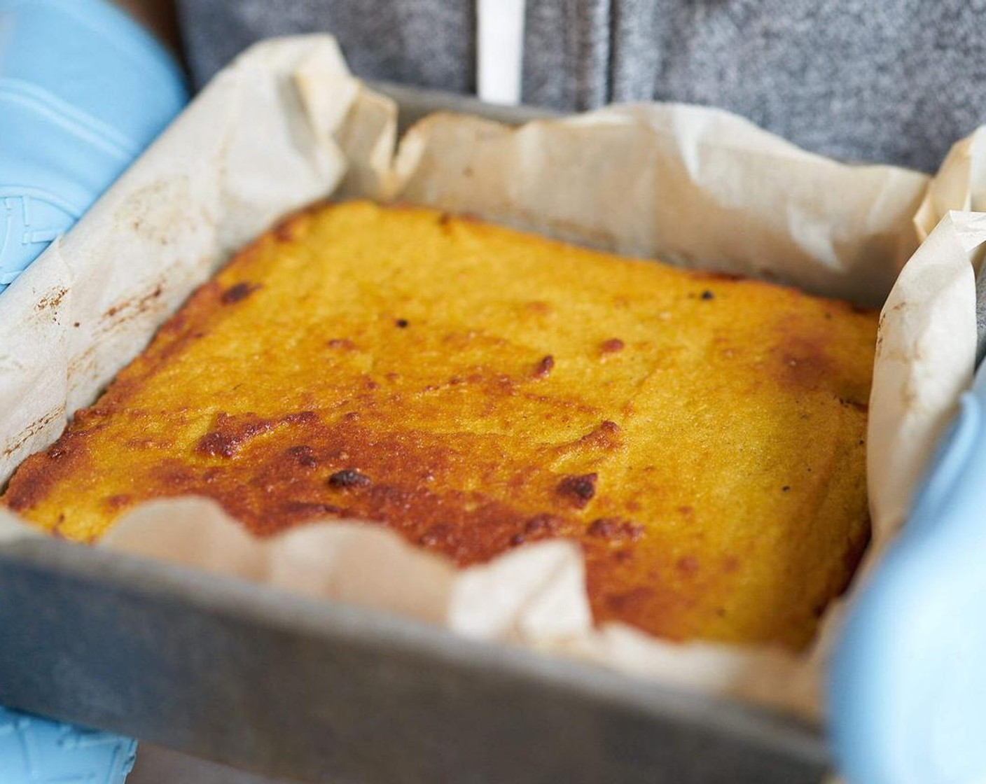 step 6 Spoon batter into cake pan. Bake for 30 minutes on convection or 35+ on normal bake setting or until a fork inserted in the middle comes out clean.