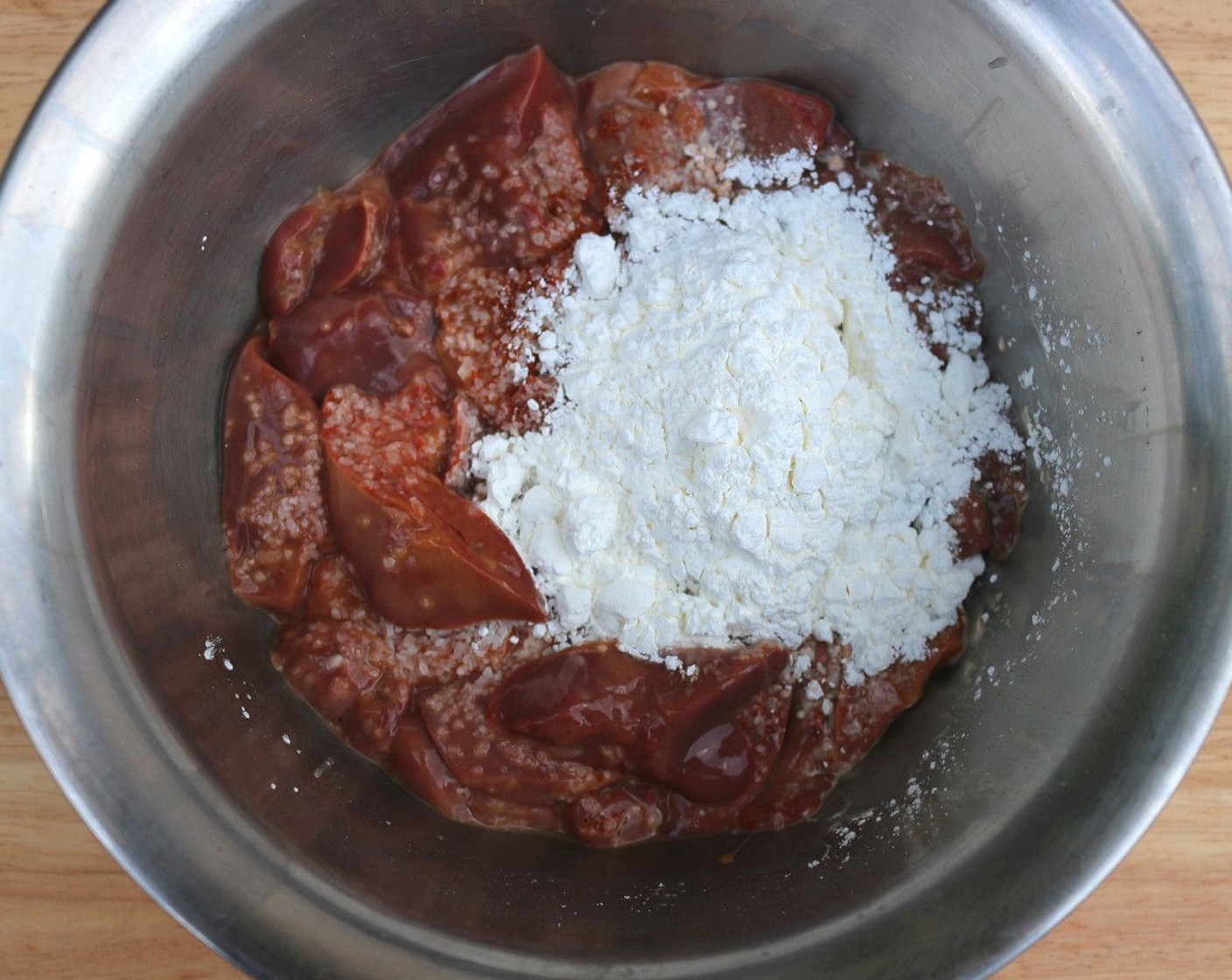 step 4 Clean and cut Chicken Livers (to taste) into bite size nuggets, season with Kosher Salt (to taste), Garlic (to taste), and Freshly Ground Black Pepper (to taste). Add Corn Starch (to taste) and Sweet Paprika (to taste), mix well.