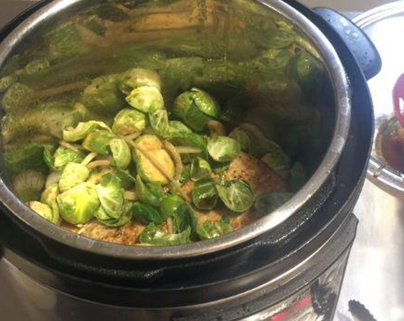 step 4 Add your Brussell sprouts, leftover sauce mixture into the pressure cooker. Add some Water (1/2 cup) and cook everything for 7 minutes under pressure.