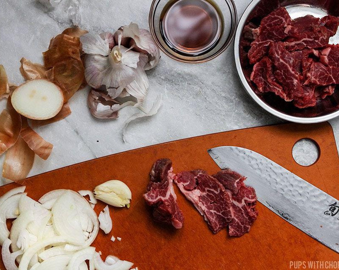 step 1 Thinly slice the Beef (8 oz) and mix with the Water (4 Tbsp) and 1 teaspoon of Fish Sauce (1 tsp) and set aside. The thinner you slice this, the less time it will take to fully cook it. If you are using veggies, tofu or fish as the protein cut them up into bite-sized pieces and set aside.