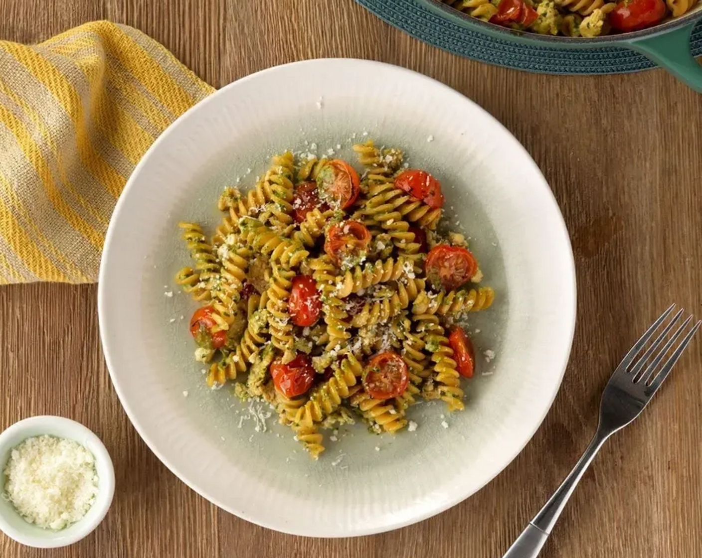 Chickpea Rotini with Chicken, Pesto, and Oven Roasted Tomatoes
