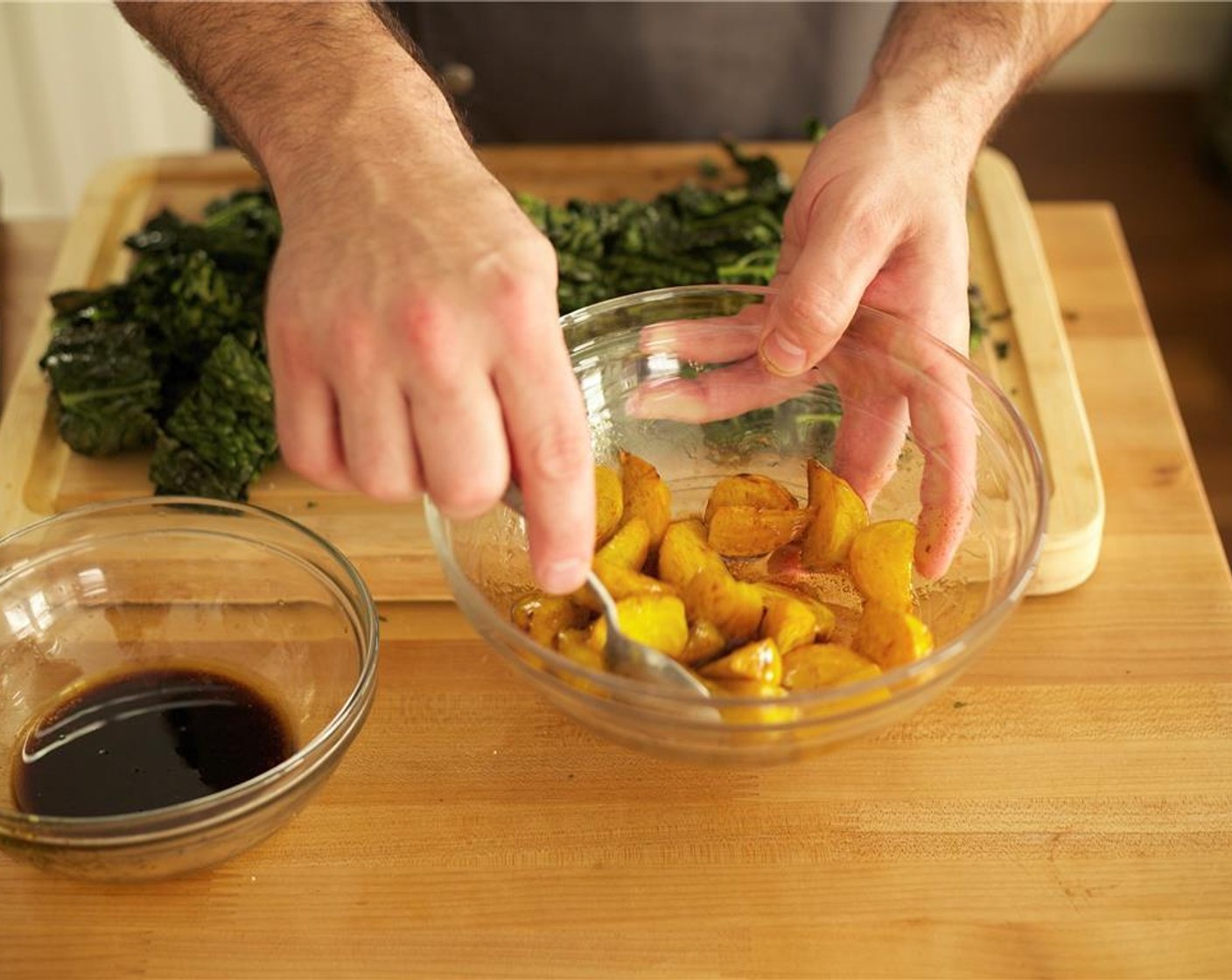 step 8 Roughly chop kale into bite sized pieces and place in a large bowl. Toss beets in medium bowl with half of the dressing and set aside. Toss kale with remainder of dressing in a large bowl and hold for plating.