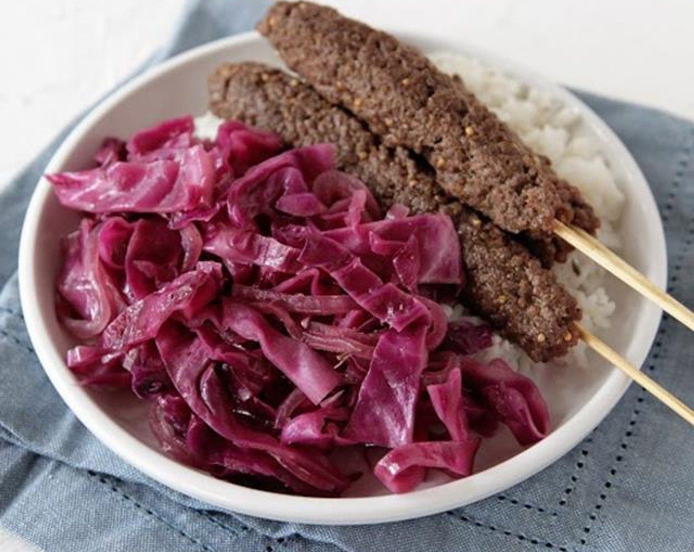 Beef Kebabs with Sautéed Red Cabbage and Rice