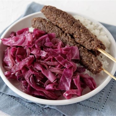 Beef Kebabs with Sautéed Red Cabbage and Rice Recipe | SideChef