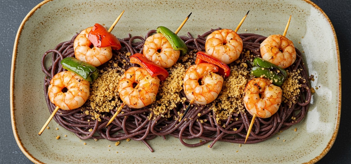 Grilled Shrimp and Peppers-Brochette with Red Wine-Bucatini and Pangrattato Recipe | SideChef