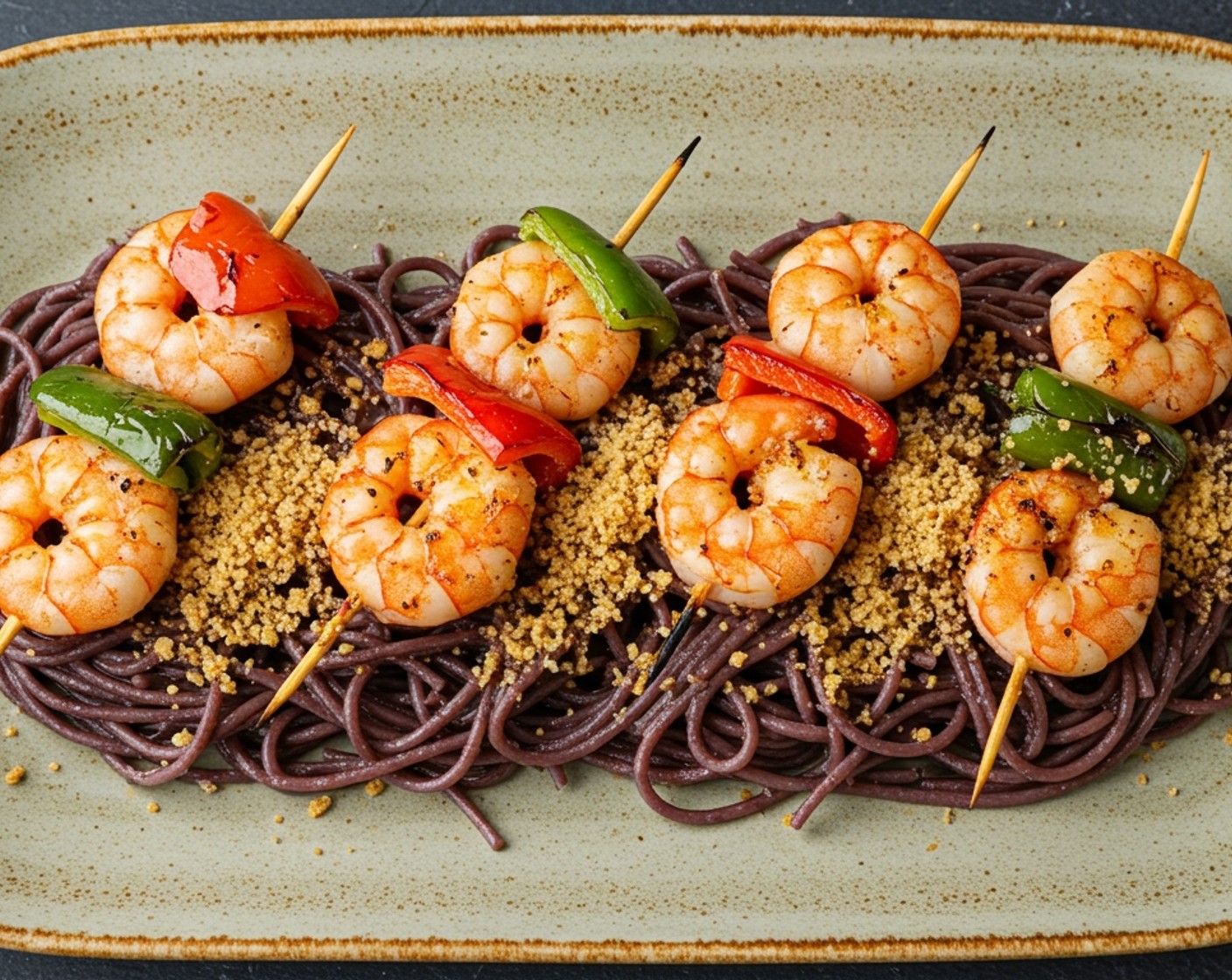 Grilled Shrimp and Peppers-Brochette with Red Wine-Bucatini and Pangrattato