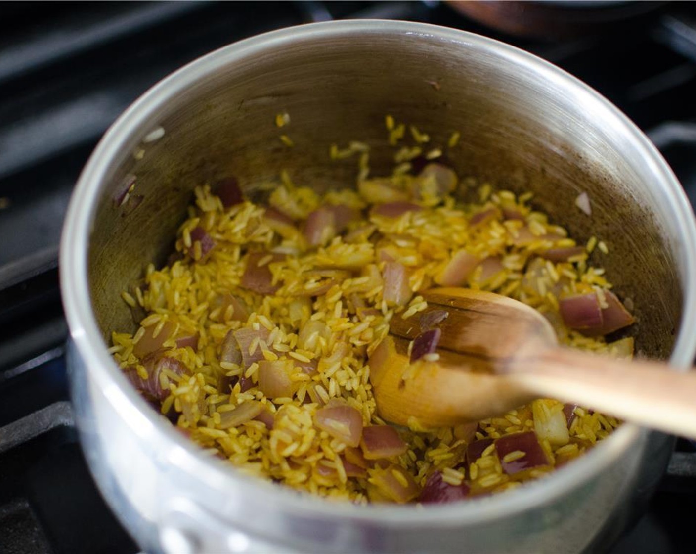 step 4 Add White Rice (2/3 cup), stir to coat. Add Ground Turmeric (1 tsp), 1 1/3 cup of water and 1/2 tsp salt. Bring to boil over high heat. Reduce to simmer until liquid is absorbed and rice is tender, 15-18 minutes.